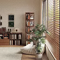 Tall Rotating And Low Drawer Bookcases In Room With Window Blinds Cozy Chair