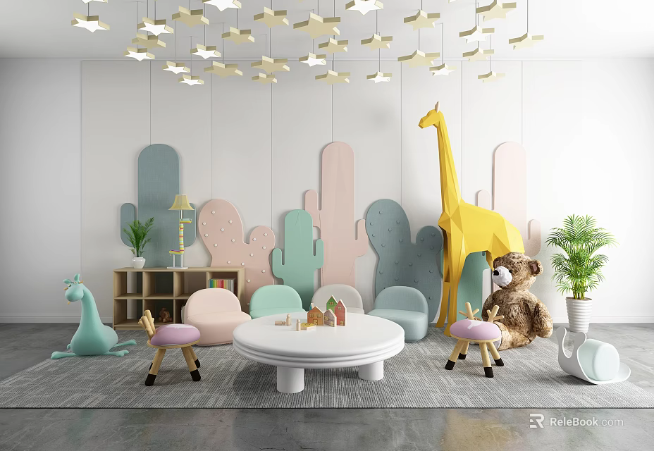 Playful Kids Room With Round Children's Table And Animal Decor 3d model 