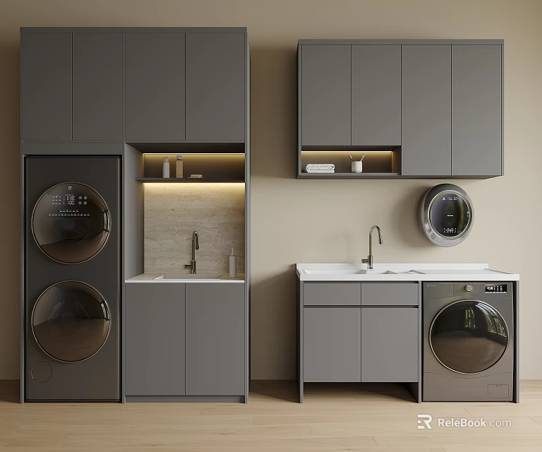 Modern Home Balcony Design with Built-in Gray Cabinets Washing Machines and Sinks 3d model 