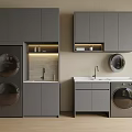 Modern Home Balcony Design with Built-in Gray Cabinets Washing Machines and Sinks