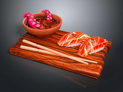 Fresh Salmon Sushi And Octopus In Bowl With Chopsticks On Wooden Board 3d model