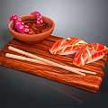 Fresh Salmon Sushi And Octopus In Bowl With Chopsticks On Wooden Board