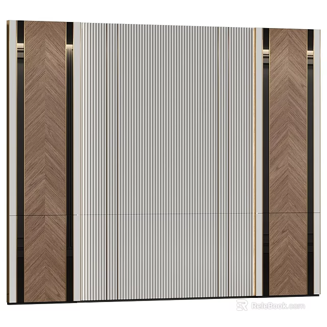 Modern Luxury Background Wall With Vertical Stripes Herringbone Wooden Panels And Metal Strips 3d model 