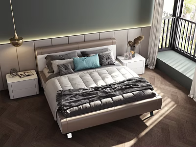 Modern Double Bed with Gray Headboard Blue Pillows Nightstand and Wooden Floor in Bright Bedroom 3d model