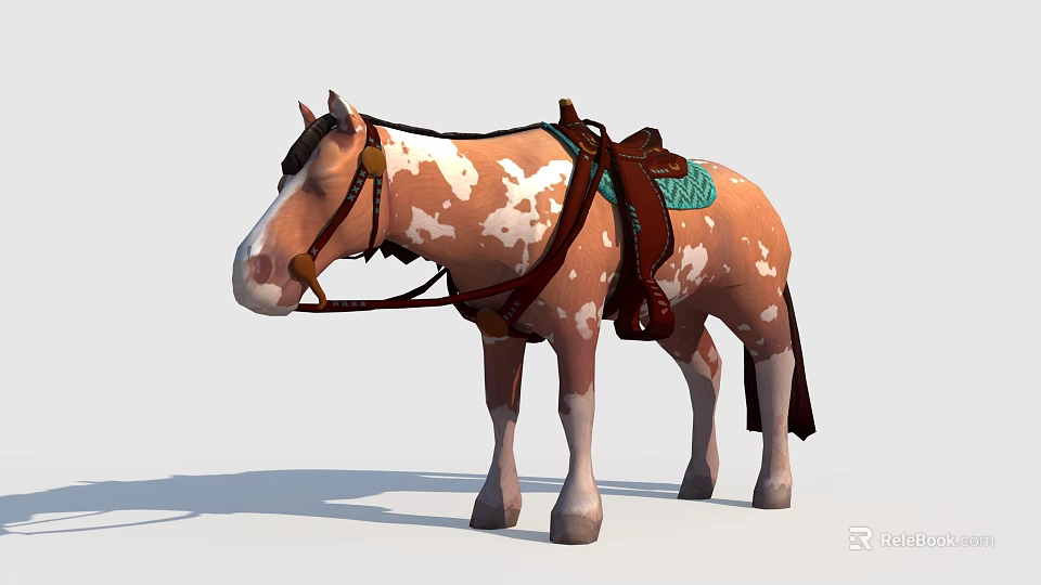 Brown And White Spotted Horse With Saddle Bridle And Riding Gear 3d model 