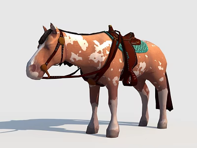 Brown And White Spotted Horse With Saddle Bridle And Riding Gear 3d model