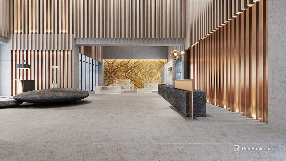 Modern Sales Office Interior With Marble Feature Wall And Wooden Panel Reception Area 3d model 