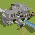 Modern Single Family Villa With Glass Windows Lush Lawn And Palm Trees