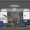 Elegant Living Room Interior With Ornate Chandelier White Piano Blue Sofa Fireplace And Built-in Bookshelves