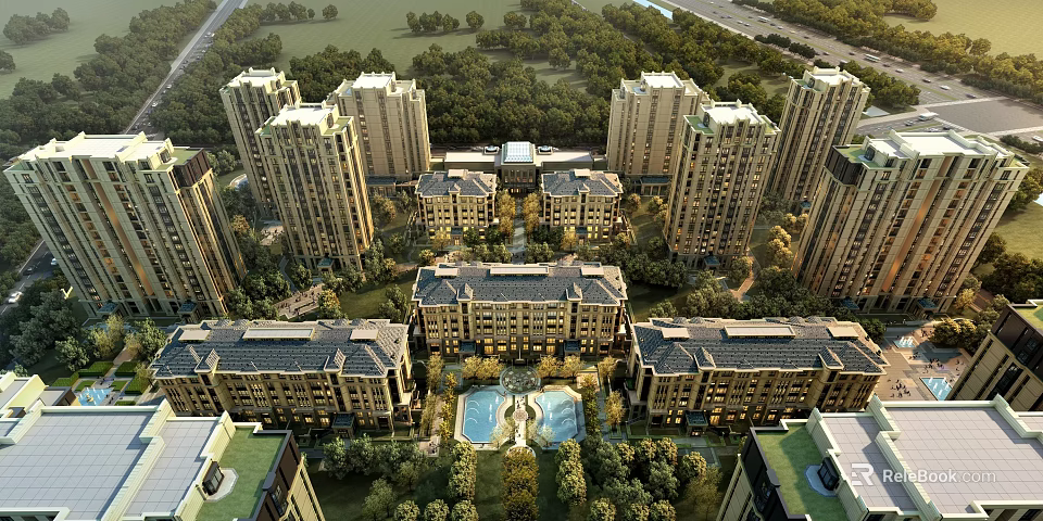 Aerial Planning of Residential Community With High Rise Low Rise Buildings Greenery and Swimming Pools 3d model 