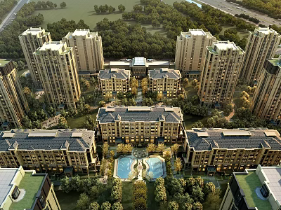 Aerial Planning of Residential Community With High Rise Low Rise Buildings Greenery and Swimming Pools 3d model