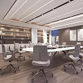 Modern Meeting Room Interior With Ergonomic Chairs Large Table Display Screen And Bookshelves