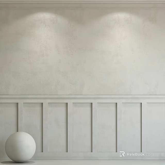 White Spherical Vase with Fresh Flowers Against Light Colored Wall and White Wainscoting 3d model 