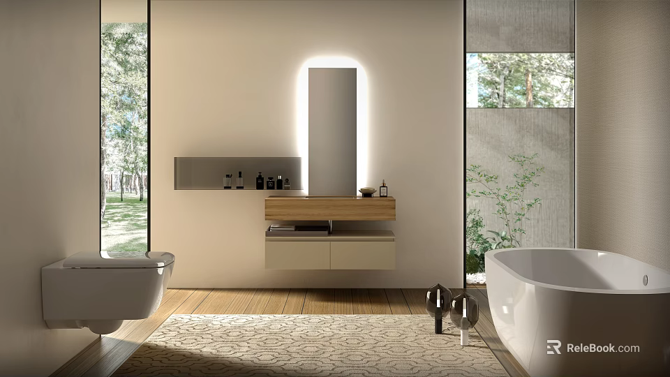 Modern Bathroom Interior With Vanity Mirror Bathtub And Scenic Views 3d model 