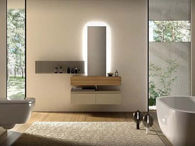 Modern Bathroom Interior With Vanity Mirror Bathtub And Scenic Views 3d model