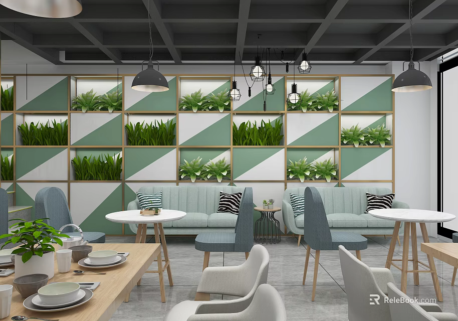 Modern Restaurant Interior Design With Green Plant Wall And Comfortable Sofa Seating 3d model