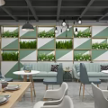 Modern Restaurant Interior Design With Green Plant Wall And Comfortable Sofa Seating
