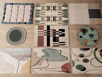 Various Square Rugs With Fringed Edges Geometric Patterns Abstract Designs And Circular Motifs 3d model