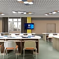 Modern School Classroom Interior With Multimedia Equipment Desks Chairs And Lighting