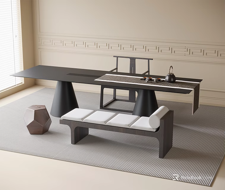 Modern Minimalist Tea Table and Chairs Set With Black Top Conical Legs And White Bench 3d model 