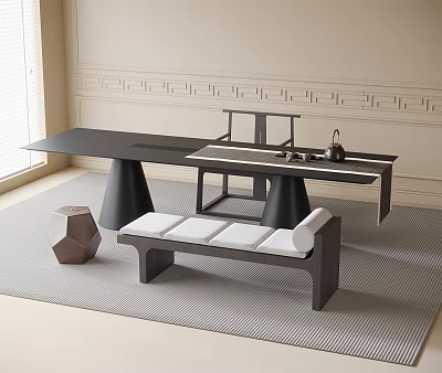 Modern Minimalist Tea Table and Chairs Set With Black Top Conical Legs And White Bench 3d model