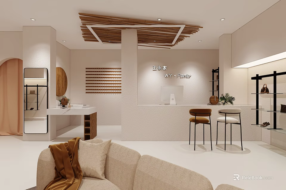 Modern Minimalist Clothing Store Interior With Beige Tones Sofa Stools Display Shelves And Wooden Accents 3d model 