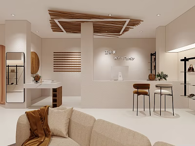 Modern Minimalist Clothing Store Interior With Beige Tones Sofa Stools Display Shelves And Wooden Accents 3d model