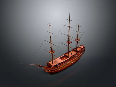 Wooden Vintage Ship Model With Multiple Masts And Decorative Details 3d model