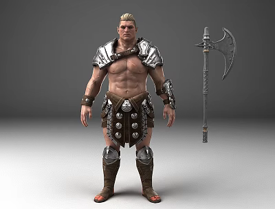 Strong Muscular Man Wearing Silver Armor With Battle Axe Weapon Beside Him 3d model
