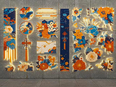 Decorative Wall Photo Spot With Chinese Floral Circular Patterns Tassels Fans In Blue Orange White 3d model