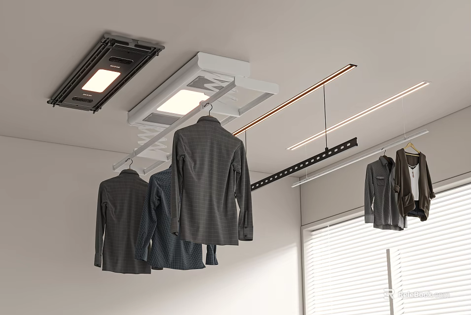 Modern Indoor Clothes Hanging System With Ceiling Lights And Window Blinds 3d model 