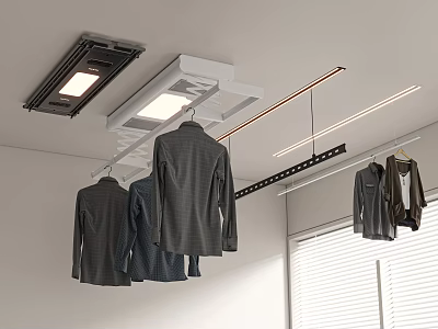 Modern Indoor Clothes Hanging System With Ceiling Lights And Window Blinds 3d model