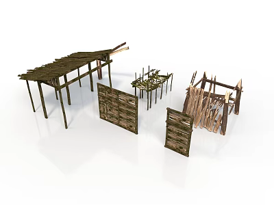 Ancient Wooden Building Simple Construction Frames With Roof And Wall Components 3d model