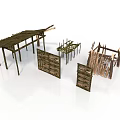 Ancient Wooden Building Simple Construction Frames With Roof And Wall Components 3d model