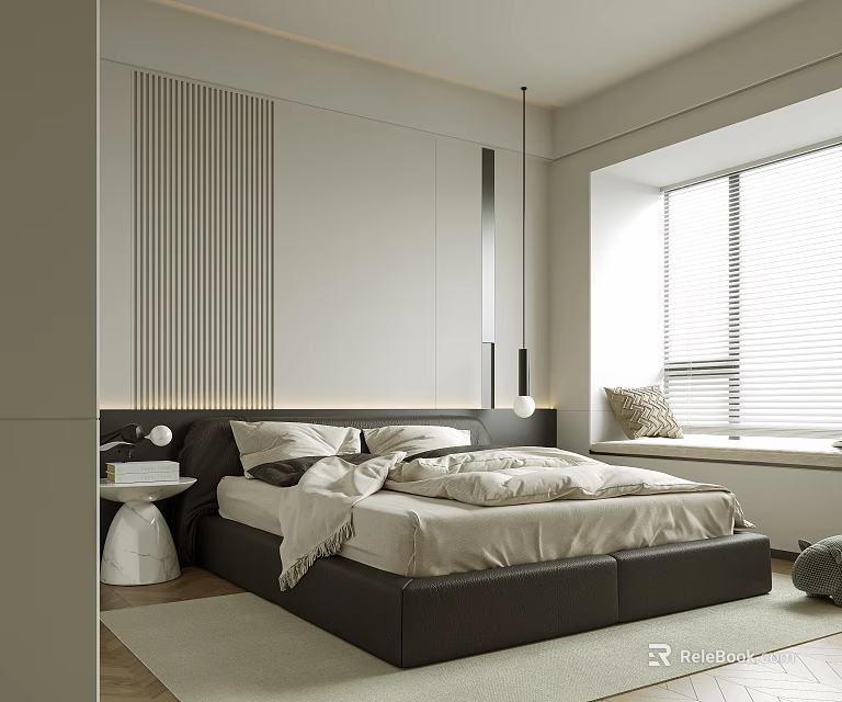 Modern Bedroom Interior Design With Large Bed Nightstand And Window Blinds 3d model