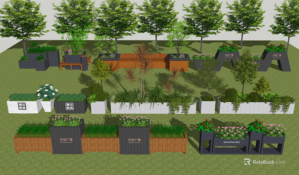 Diverse Flower Beds and Planters with Green Plants and Trees in Landscaped Garden 3d model 
