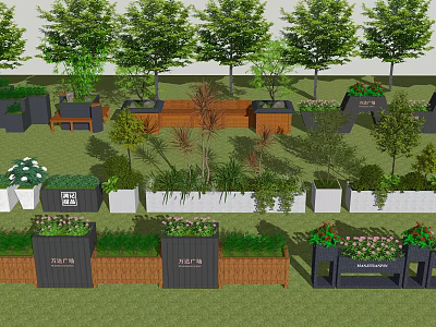 Diverse Flower Beds and Planters with Green Plants and Trees in Landscaped Garden 3d model