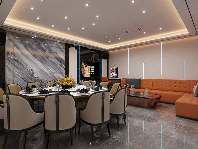 Elegant Private Box Interior Design With Round Dining Table Orange Sofa And Decorative Lighting 3d model