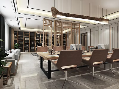 Modern Public Office Interior Design With Leather Chairs Wooden Bookshelves And Hanging Lights 3d model