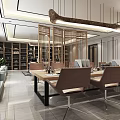 Modern Public Office Interior Design With Leather Chairs Wooden Bookshelves And Hanging Lights