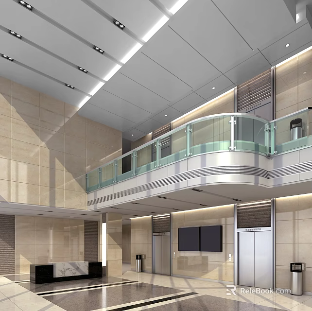 Modern Service Hall Interior With Glass Railing Ceiling Lights Marble Walls And Elevators Display Screens 3d model 