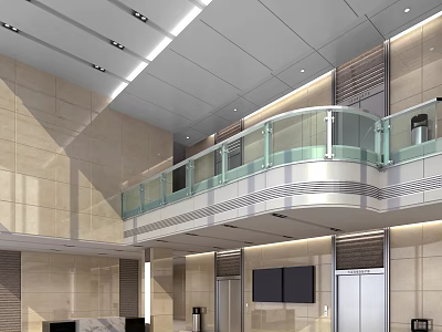 Modern Service Hall Interior With Glass Railing Ceiling Lights Marble Walls And Elevators Display Screens 3d model
