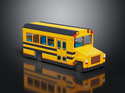 Yellow School Bus With Black Stripes Blue Windows And Reflective Surface 3d model