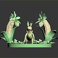 Spiky Green Dinosaur Character With Green Plants Flowers And Leaves 3D Scene