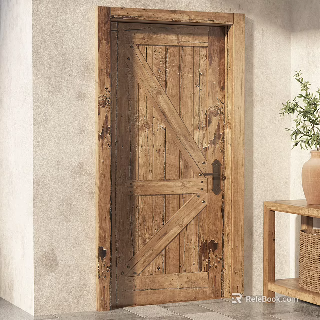 Rustic Wooden Swing Door With Natural Wood Grain And Side Table Plant Vase 3d model 