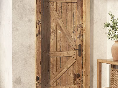 Rustic Wooden Swing Door With Natural Wood Grain And Side Table Plant Vase 3d model