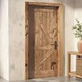 Rustic Wooden Swing Door With Natural Wood Grain And Side Table Plant Vase