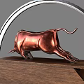 Elegant Ornamental Decoration Set With Copper Bull On Wooden Platform And Silver Circular Ring
