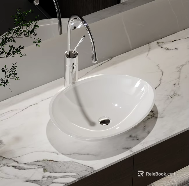 Stylish White Bathroom Sink With Modern Faucet On Marble Countertop 3d model 
