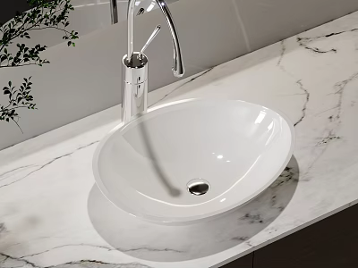 Stylish White Bathroom Sink With Modern Faucet On Marble Countertop 3d model